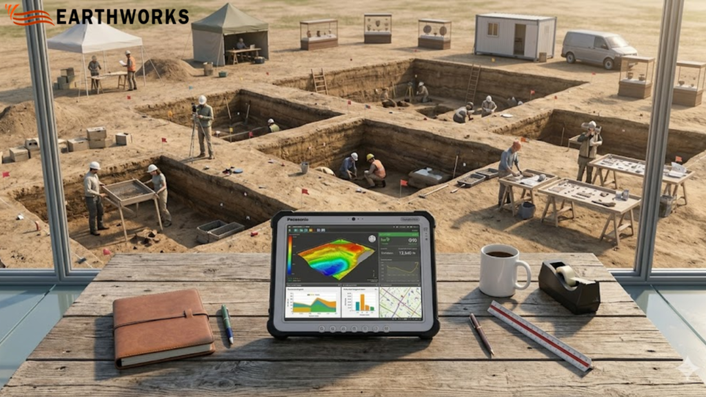 Excavation software displaying digital takeoff data and quantity estimates for an active excavation project site