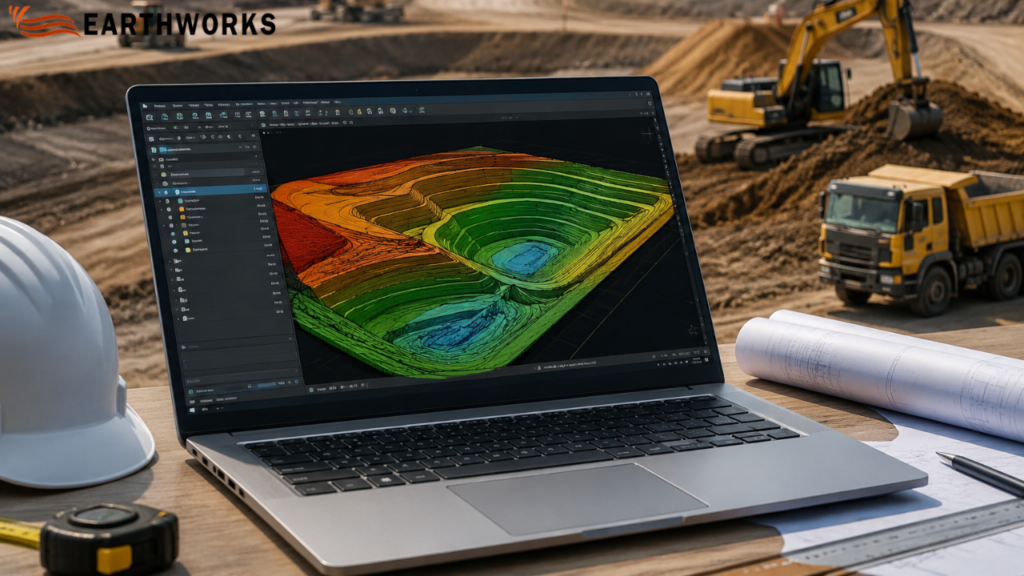 Earthworks takeoff software displaying cut and fill calculations and 3D terrain modeling for construction estimating